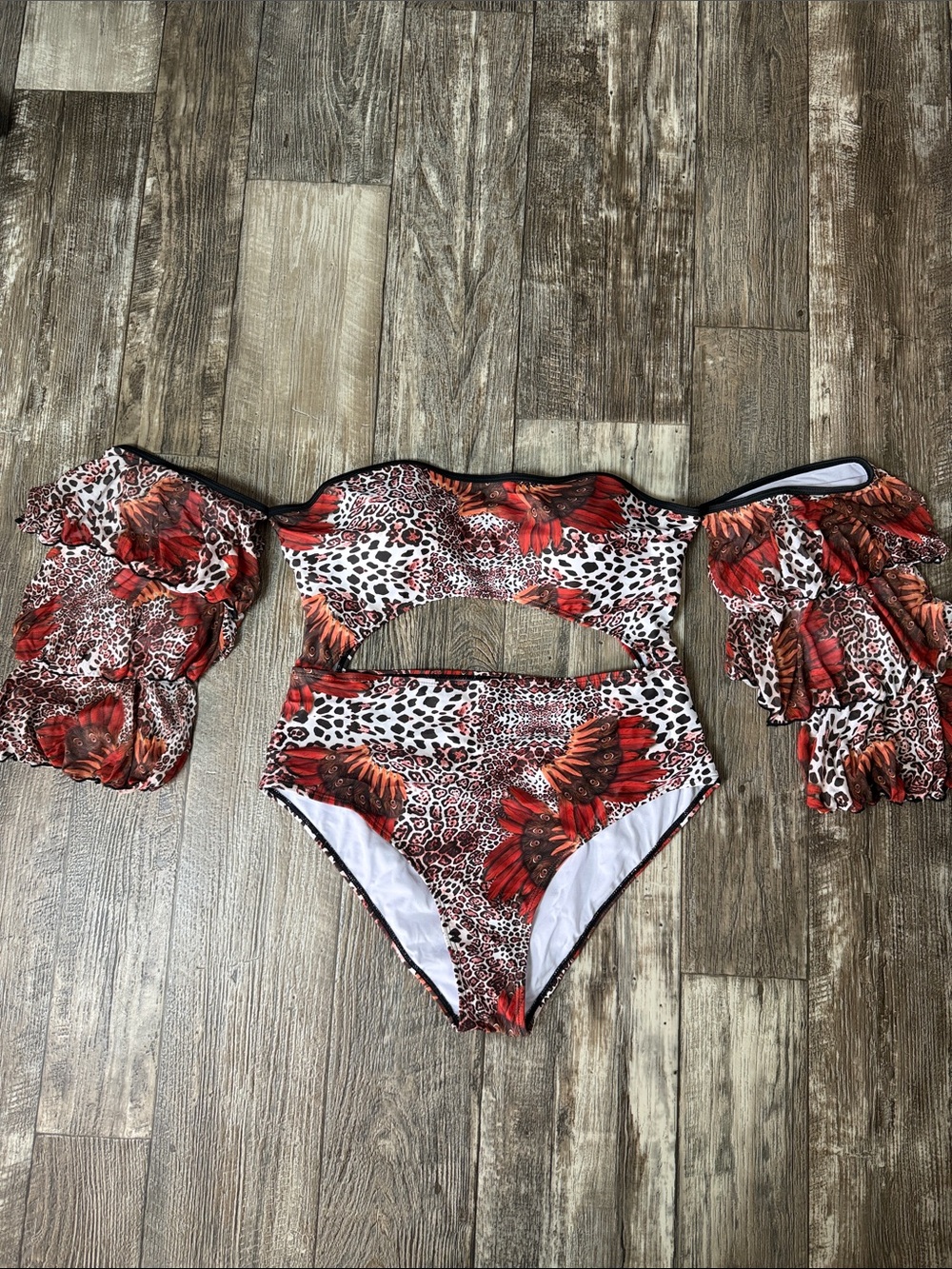 Red Floral Leopard Cutout One-Piece Swimsuit with Ruffled Sleeves, 2XL